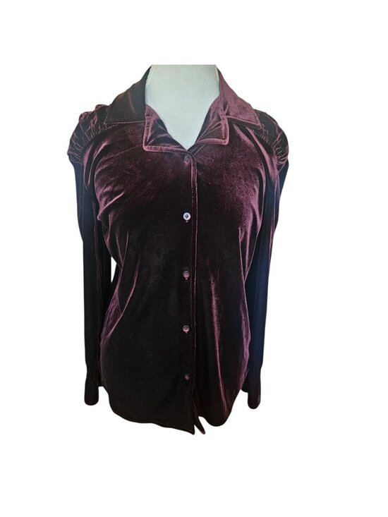 villager Tops - Y2K Burgundy Velvet Velour Button Up Shirt Blouse Sz M Ruched Shoulders Purple